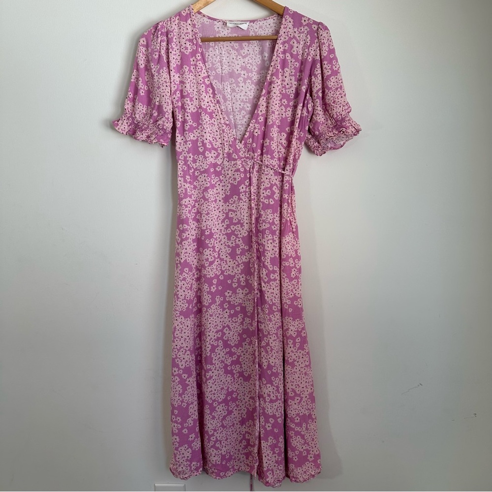 Victoria & Sophia Floral Wrap Dress Purple Pink Adjustable Ruffle Sleeve Small